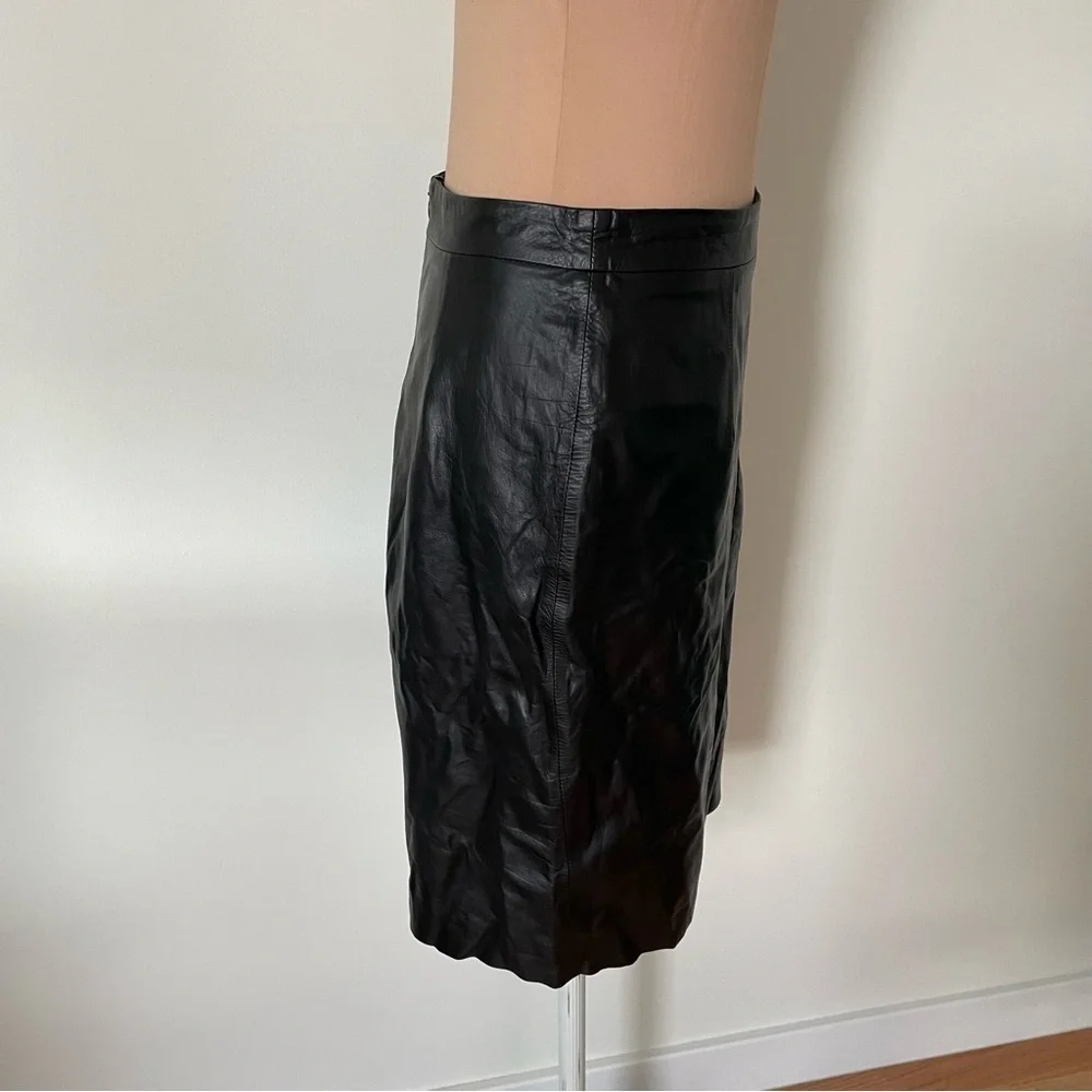 Milly Black Calf Leather Knee Length Back Vent Pencil Skirt Size 4